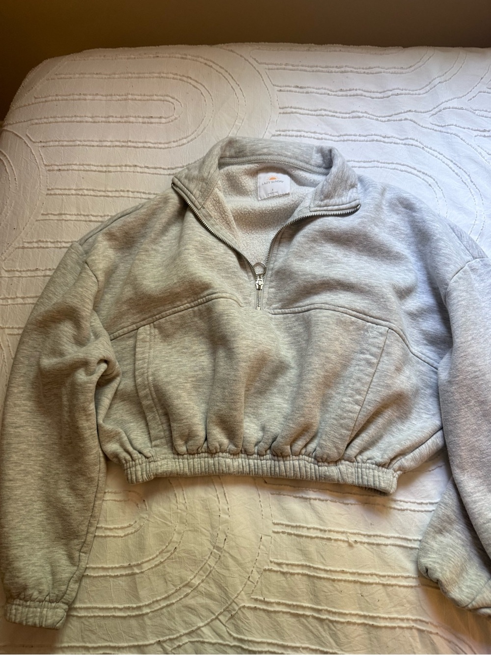 Cropped Half-Zip Crewneck Sweater - Light Gray